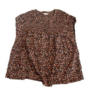 Lucky Brand Women's M Floral Smocked Top Brown Pink 100% Cotton Trendy Comfort